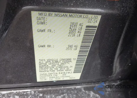 2014 Nissan Altima 2.5/2.5 S/2.5 Sl/2.5 Sv из США, поврежденный, VIN 1N4AL3AP2EN349282